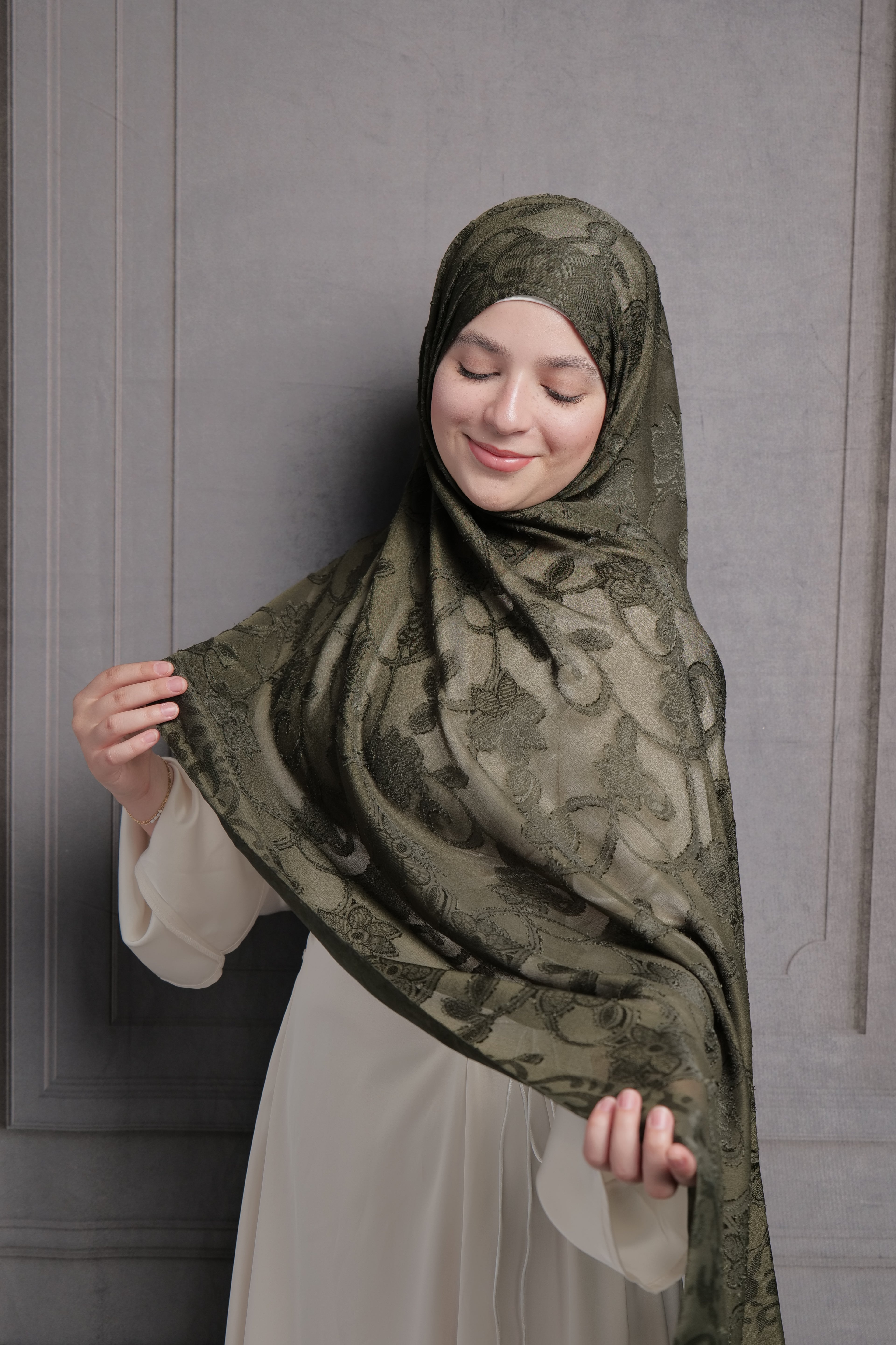 Bridal Jacquard Hijab - Olive Green