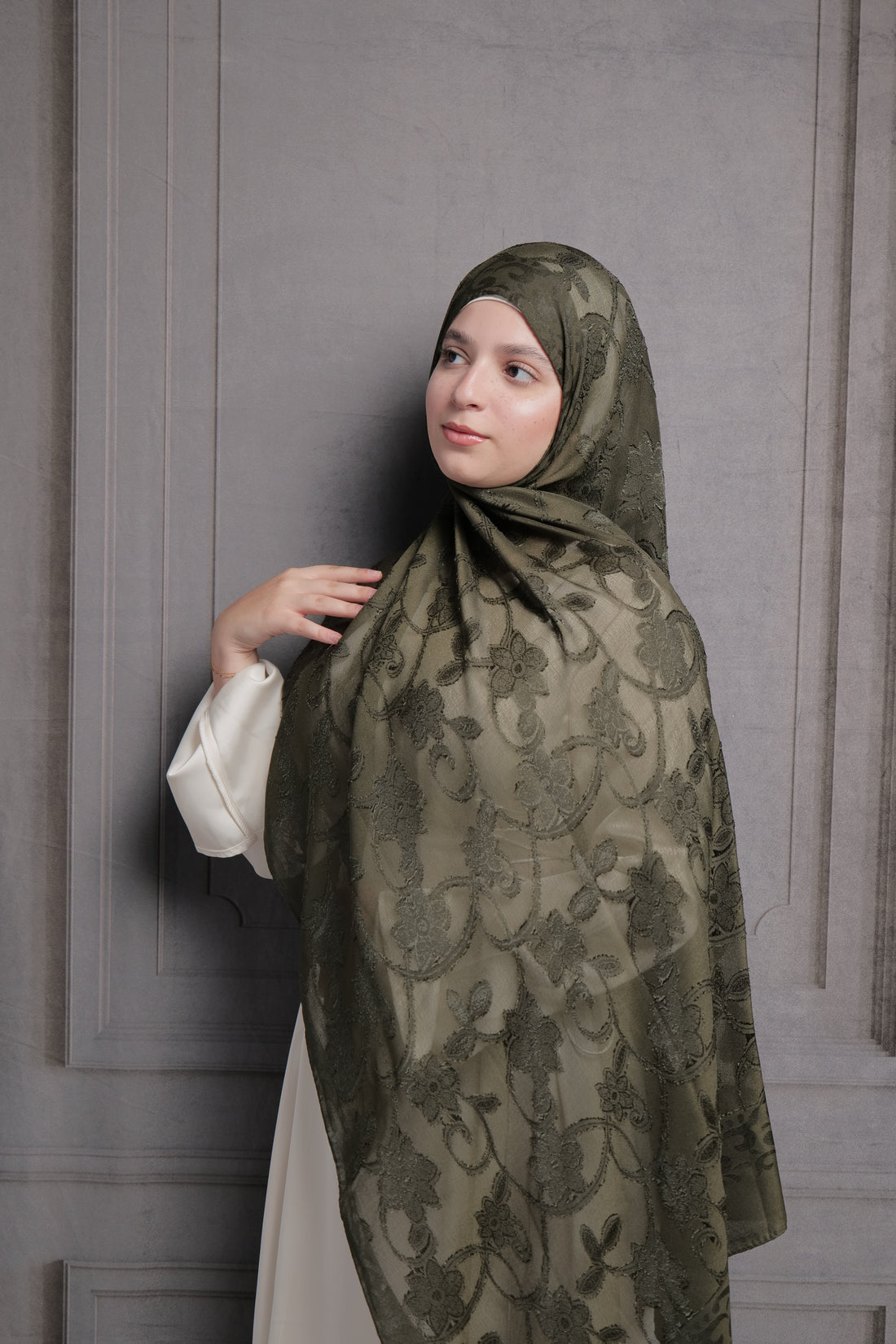 Bridal Jacquard Hijab - Olive Green